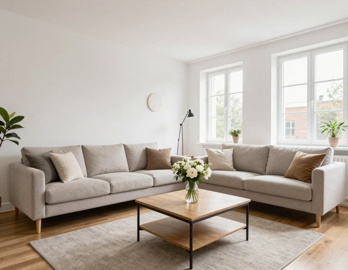 Professionell gestagetes Wohnzimmer in einer deutschen Wohnung — helle Möbel, natürliches Licht, einladende Atmosphäre
