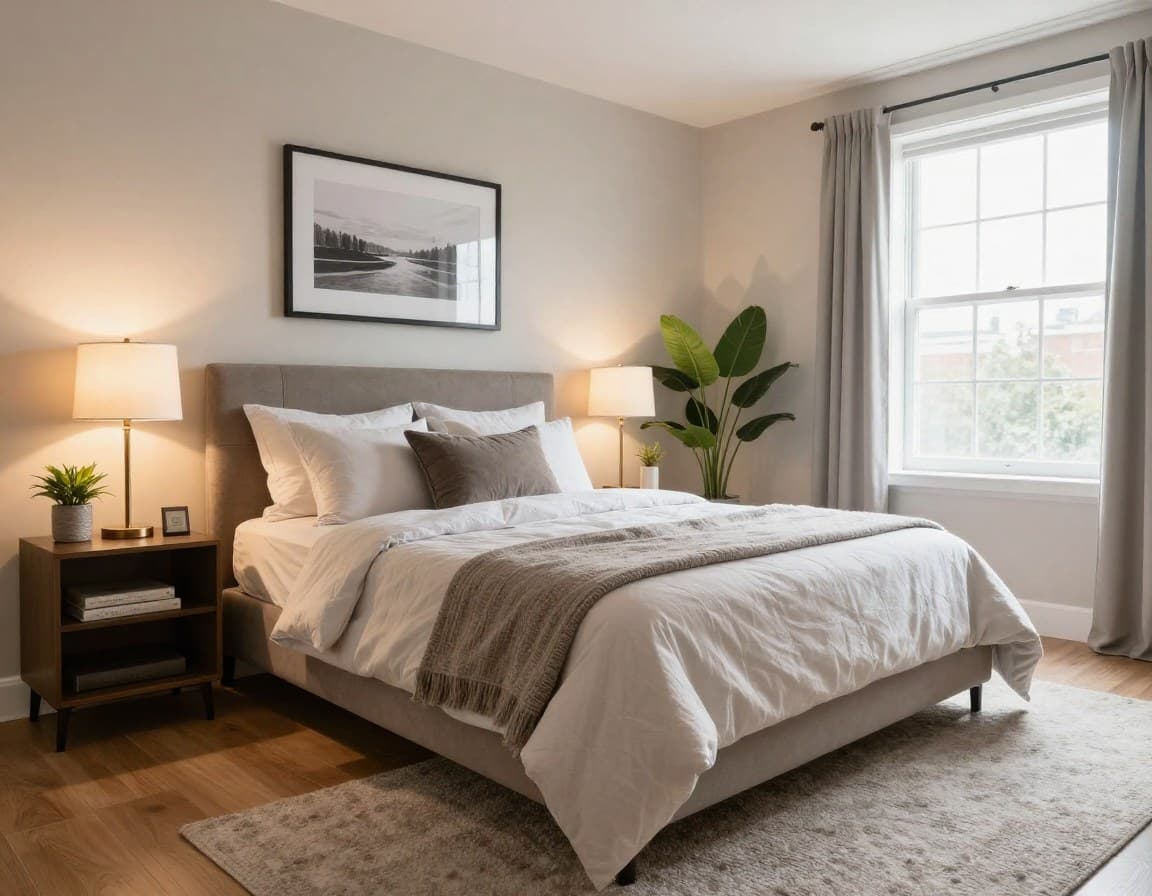 Professionell gestagetes Schlafzimmer — einladend, warm und verkaufsfertig