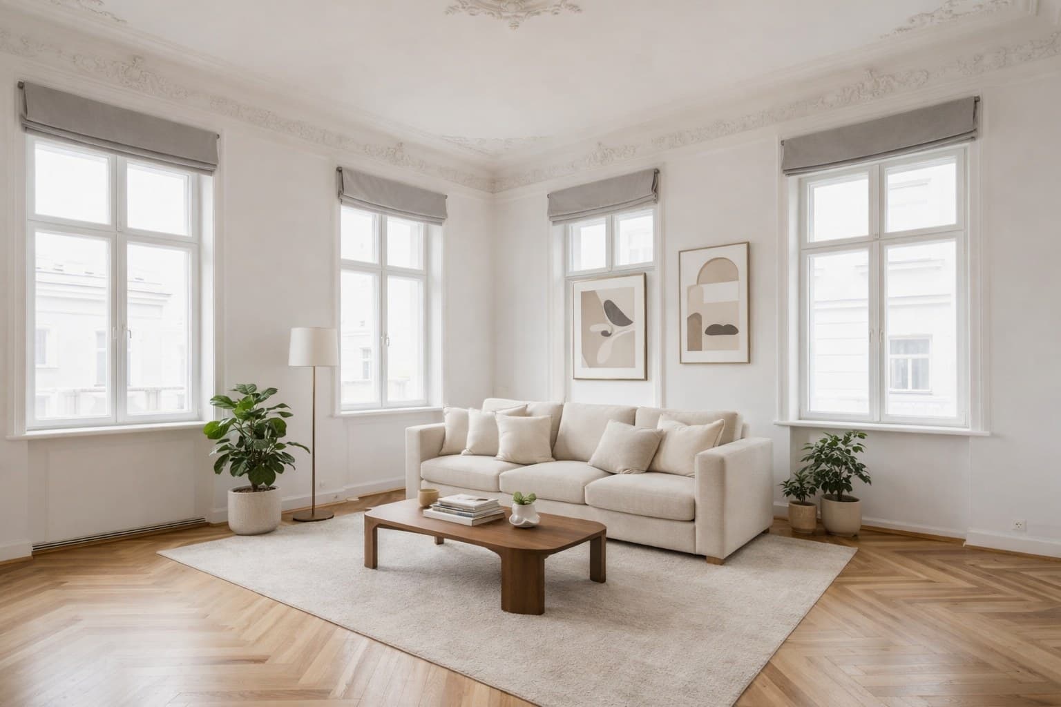 Wiener Altbauwohnung nach Virtual Staging — modern möbliert mit Stuck-Details