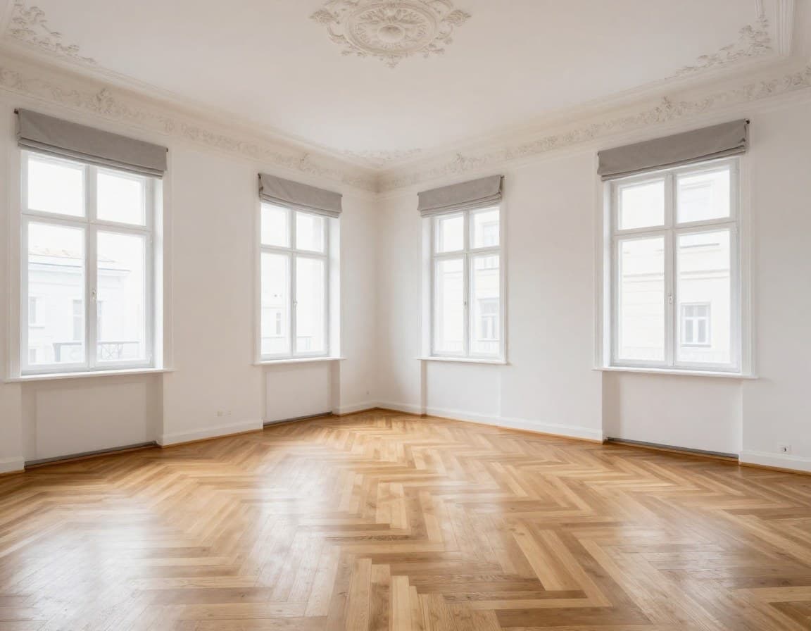 Leere Wiener Altbauwohnung vor Virtual Staging — Stuck und Parkett sichtbar
