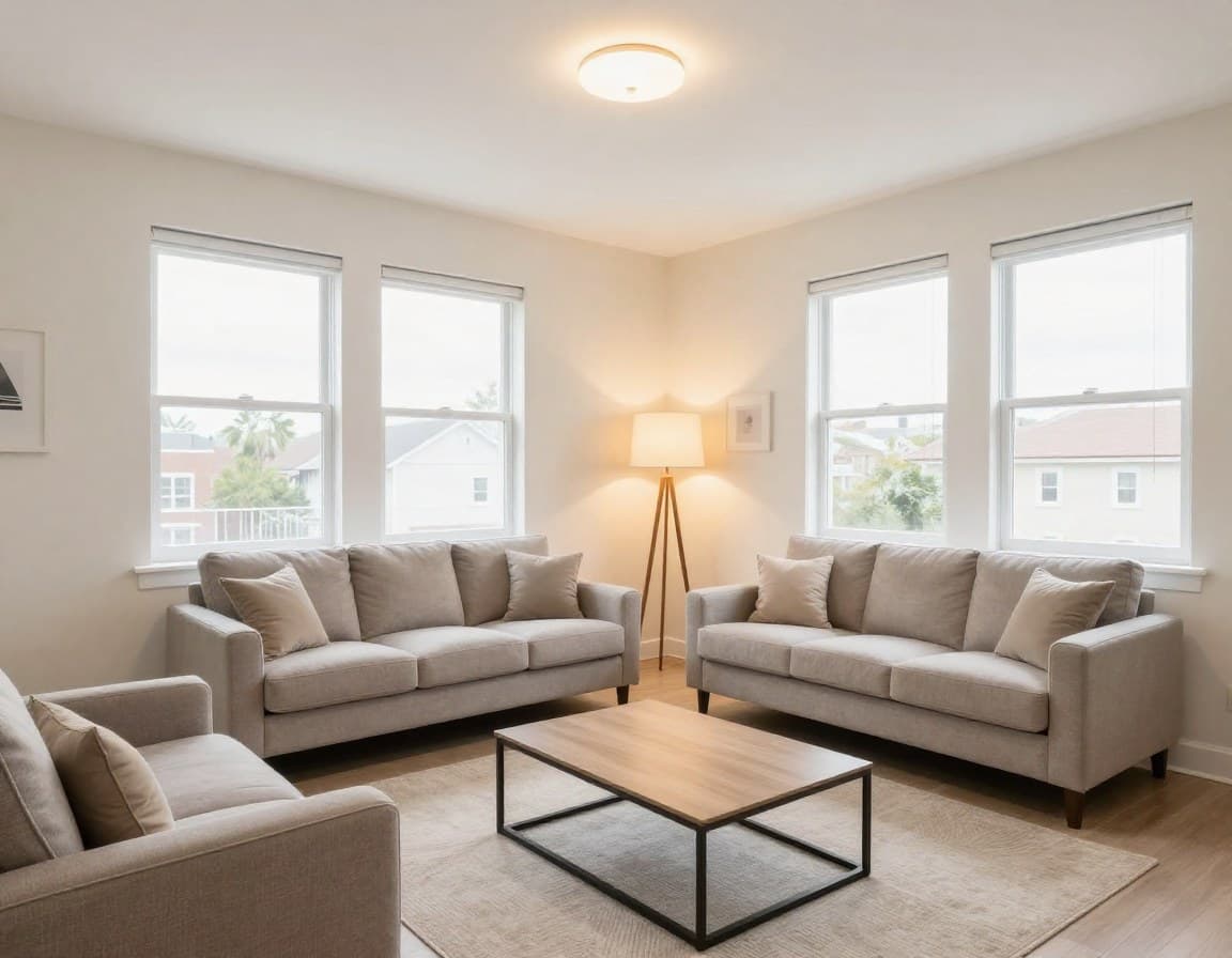 Helles, einladendes Wohnzimmer mit optimaler Beleuchtung für Besichtigung — warme Lichtatmosphäre