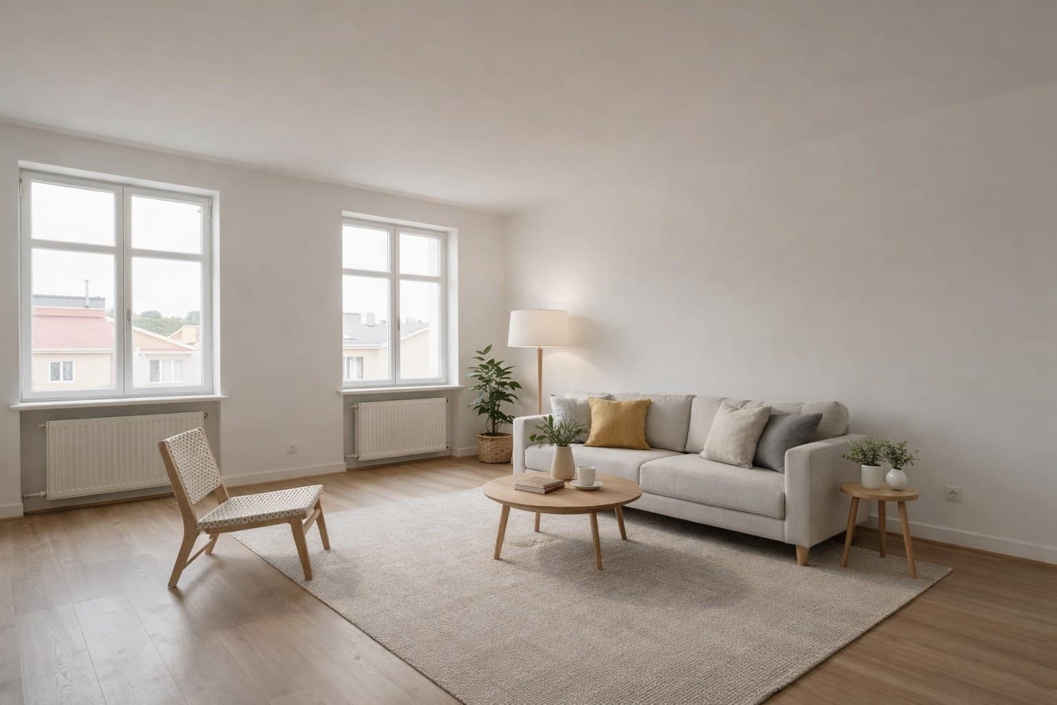 Wohnraum nach Virtual Staging — modern eingerichtet, warme Atmosphäre
