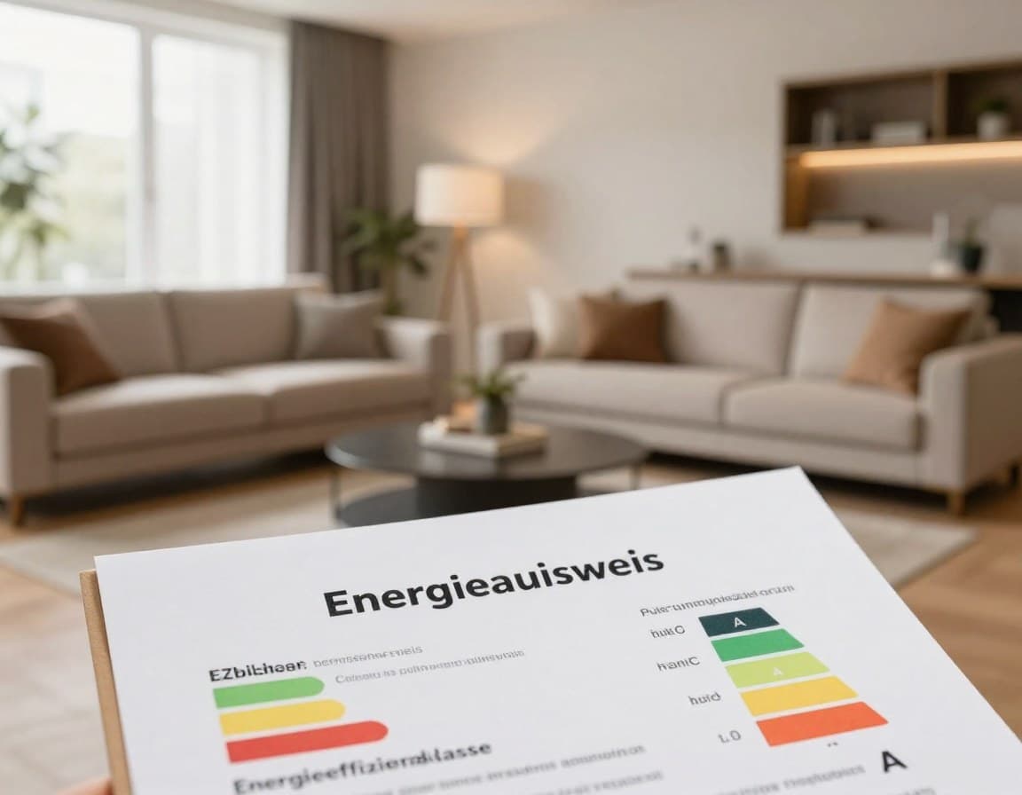 Professionell gestagtes Wohnzimmer mit sichtbarem Energieausweis Klasse A im Vordergrund