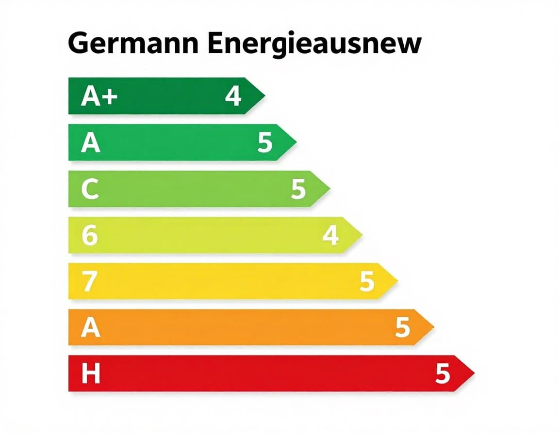 Infografik: Deutsche Energieausweis Effizienzklassen A+ bis H mit zugehörigen kWh-Werten und Farbskala