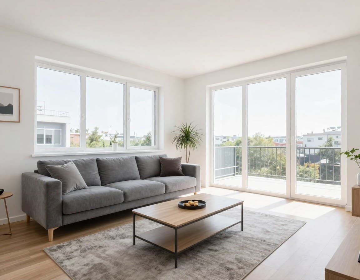 Professionelles Immobilienfoto eines hellen Wohnzimmers mit Tageslicht und breitem Winkel