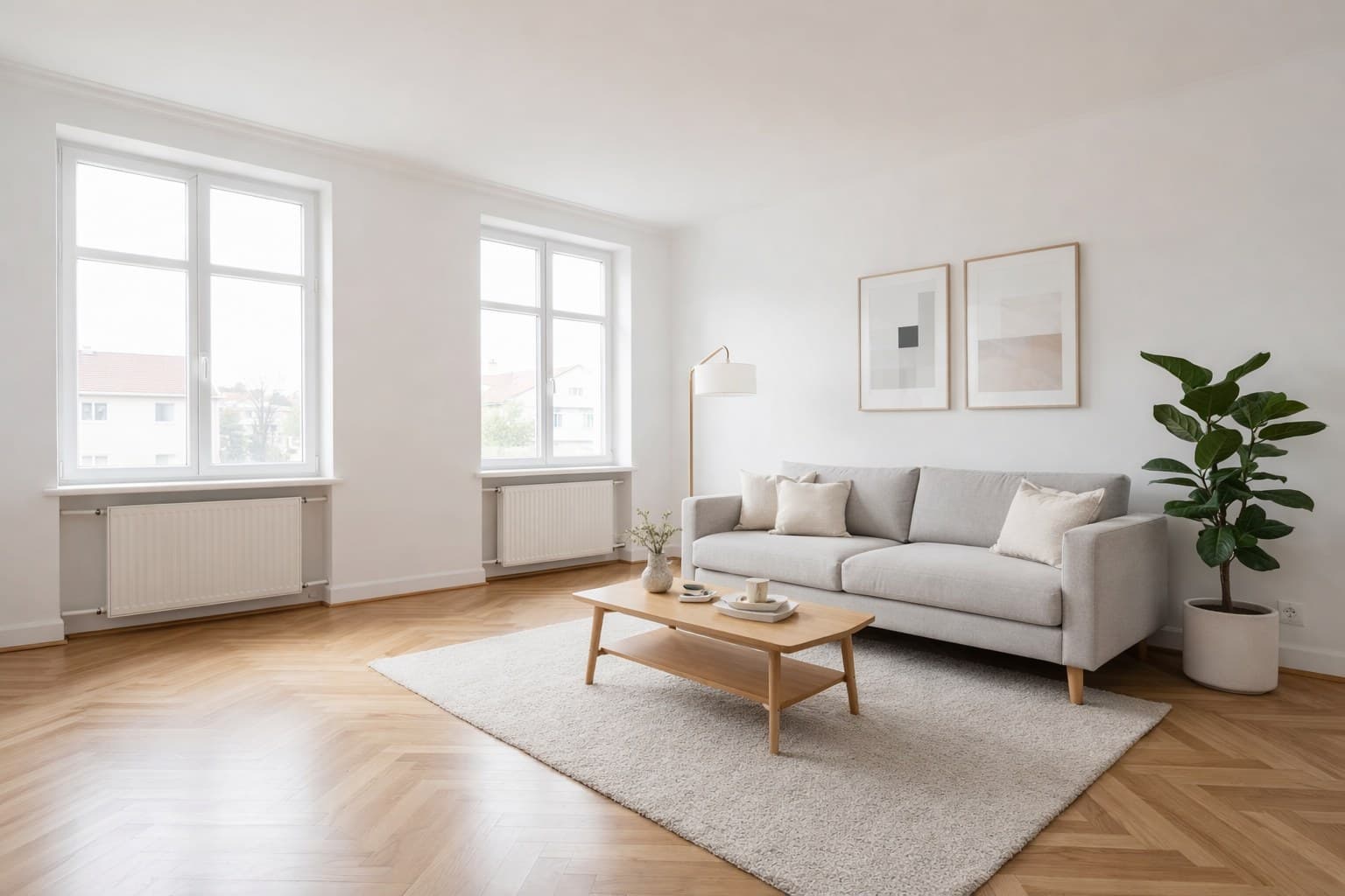 Professionell gestagetes Wohnzimmer im Skandinavischen Stil nach Virtual Staging