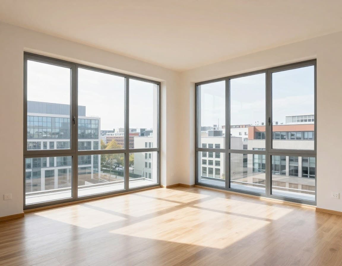 Hannover Wohnung — helles Wohnzimmer mit Stadtblick, bereit für Virtual Staging
