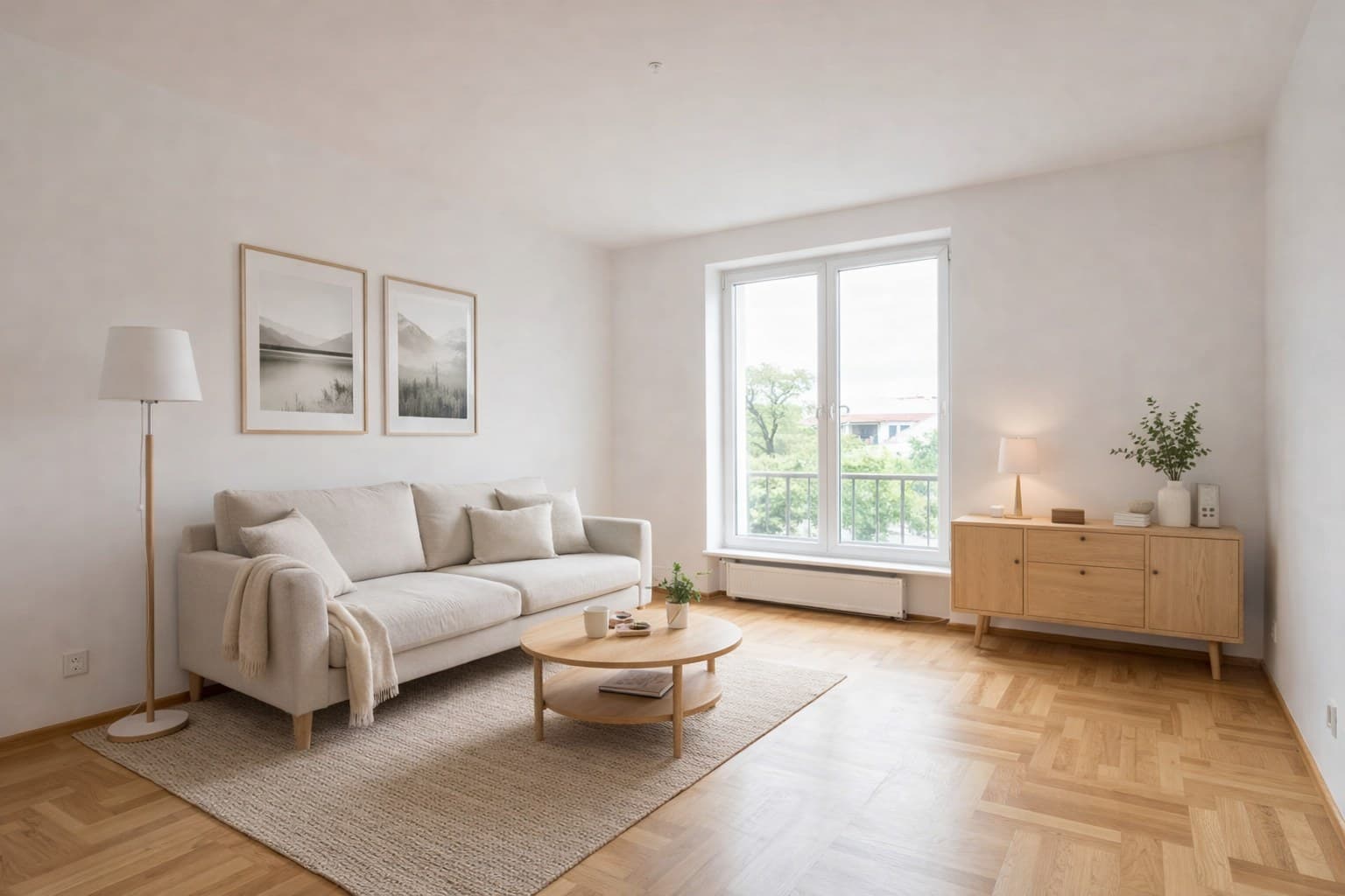 Wohnung nach Virtual Staging — modernes Wohnzimmer, das Käufer zum Angebotspreis überzeugt