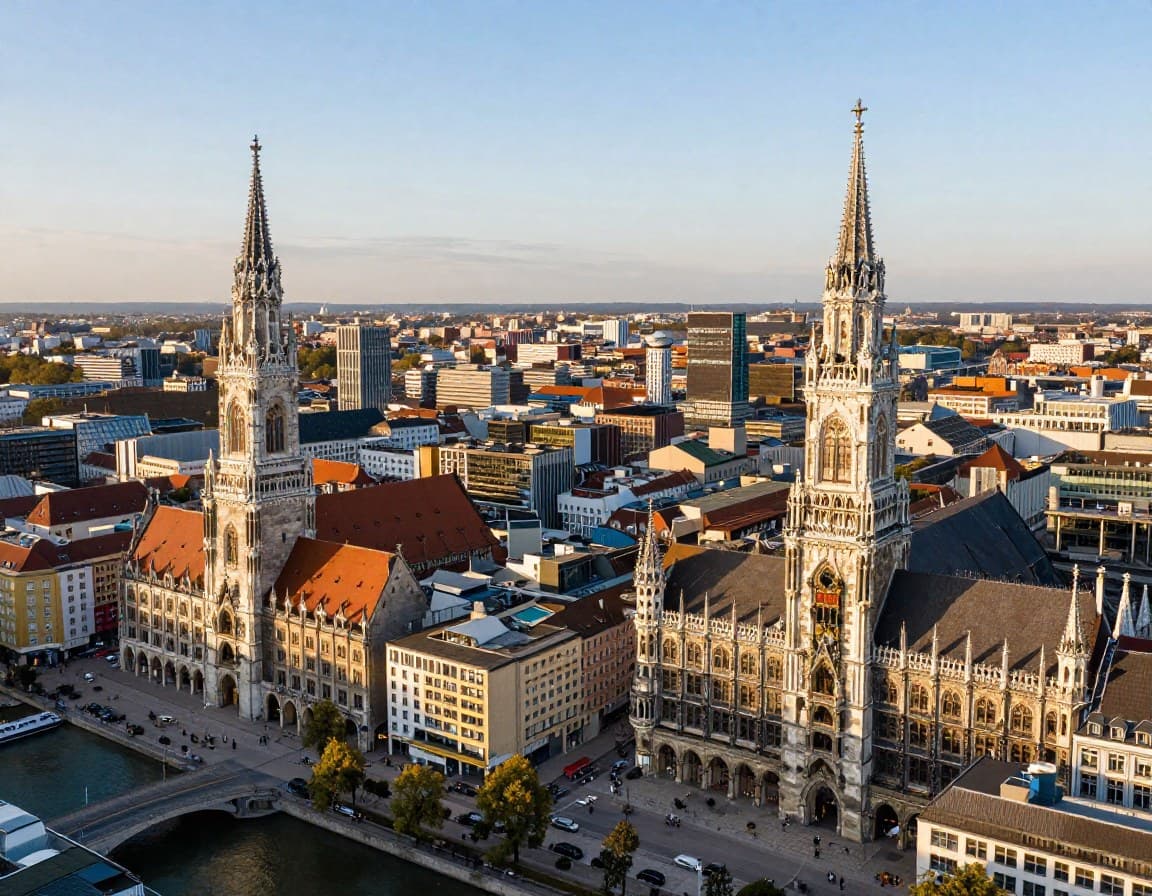 München Skyline mit Frauenkirche und Immobilienmarkt — Luftaufnahme der bayerischen Landeshauptstadt