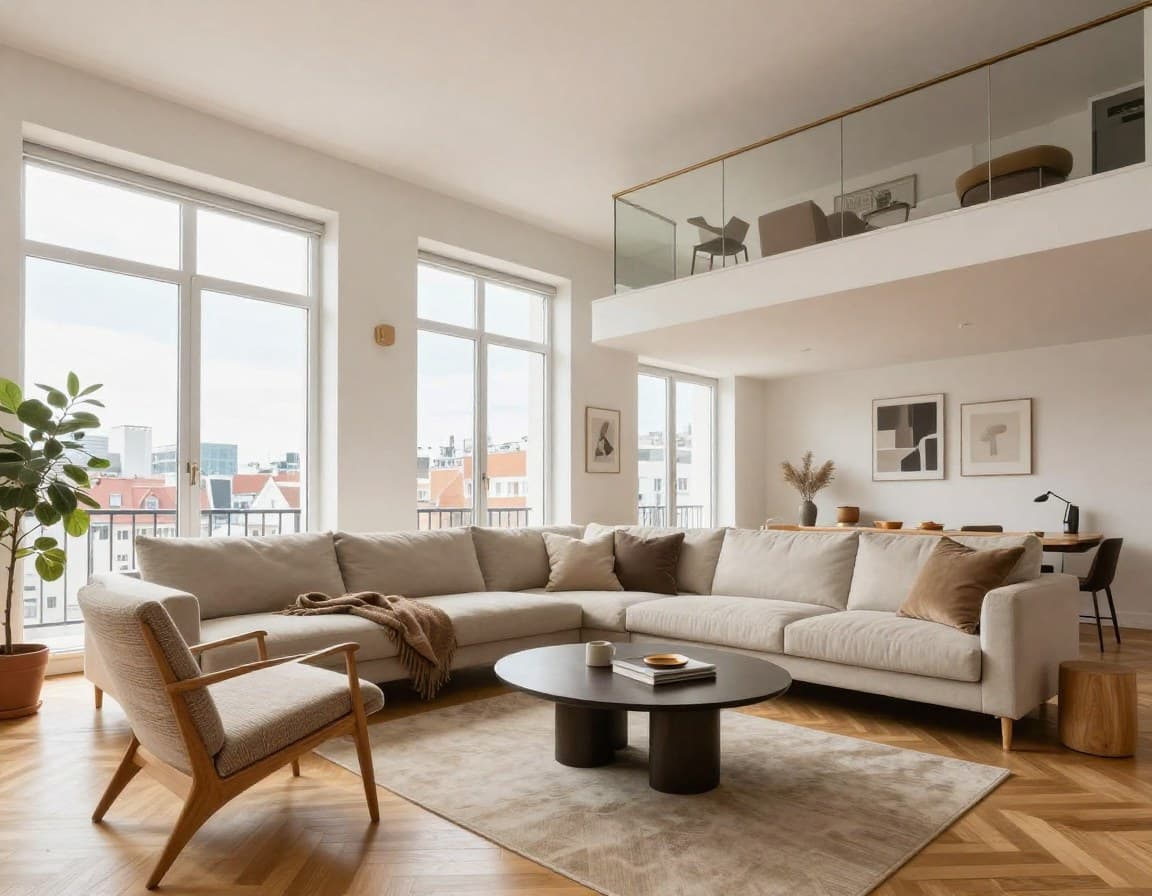 Luxuriöse Münchner Altbauwohnung mit Parkett und hohen Decken, virtuell gestaged mit modernen Möbeln