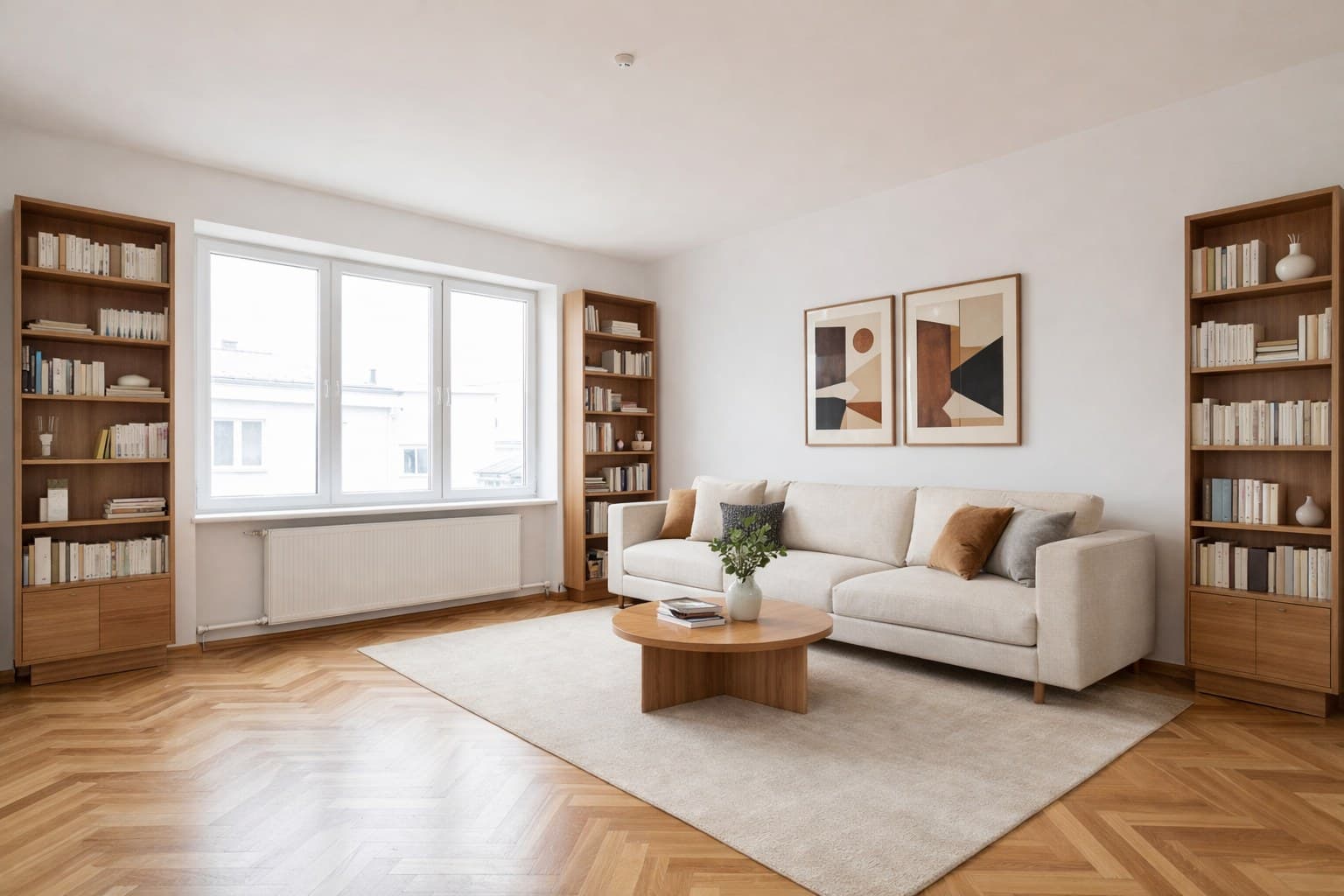Dieselbe Münchner Altbauwohnung nach Virtual Staging mit eleganten Möbeln und warmer Atmosphäre