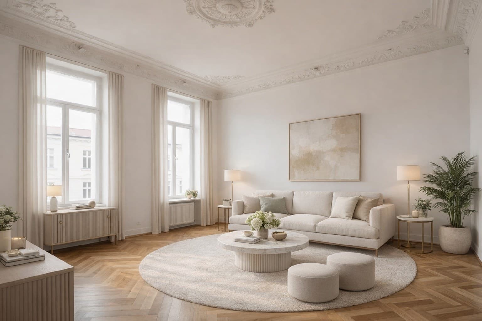 Dieselbe Wiener Altbauwohnung nach Virtual Staging mit modernen österreichischen Möbeln und warmer Atmosphäre