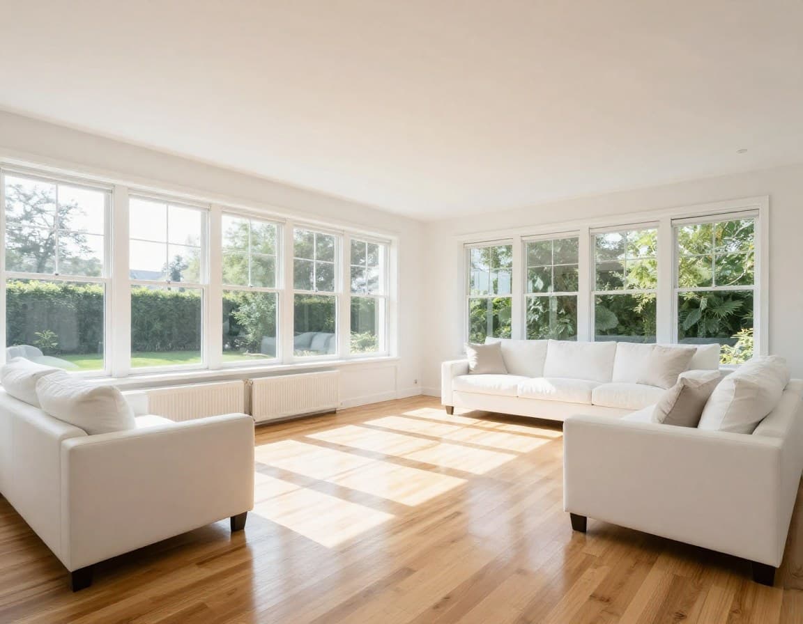 Professionelles Immobilienfoto eines hellen Wohnzimmers mit großen Fenstern und natürlichem Tageslicht