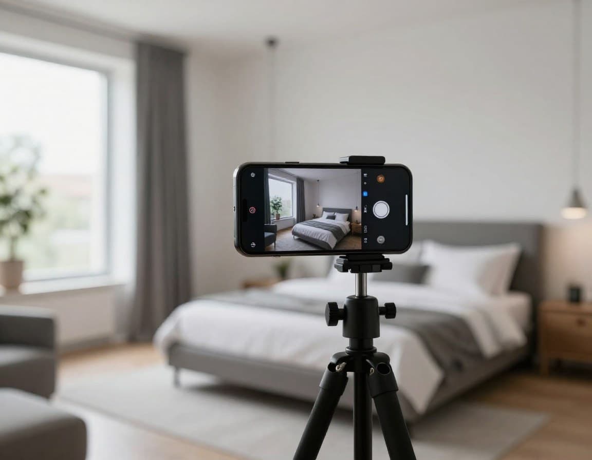 Smartphone auf Stativ fotografiert ein Schlafzimmer — Immobilienfotos selber machen