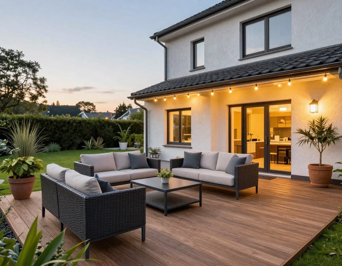 Gestaltete Terrasse mit modernen Gartenmöbeln und Kübelpflanzen bei Abendsonne