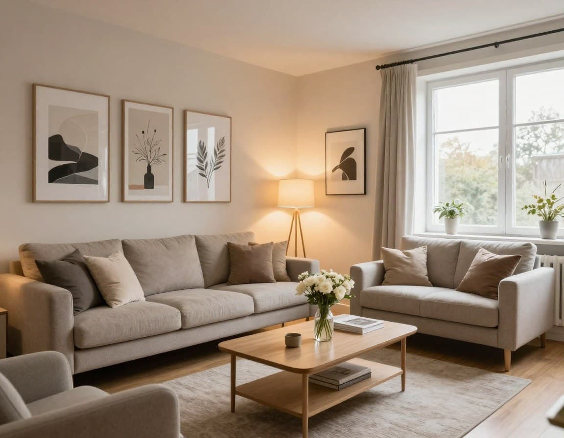 Professionell gestagetes Wohnzimmer mit modernen Möbeln und warmer Beleuchtung