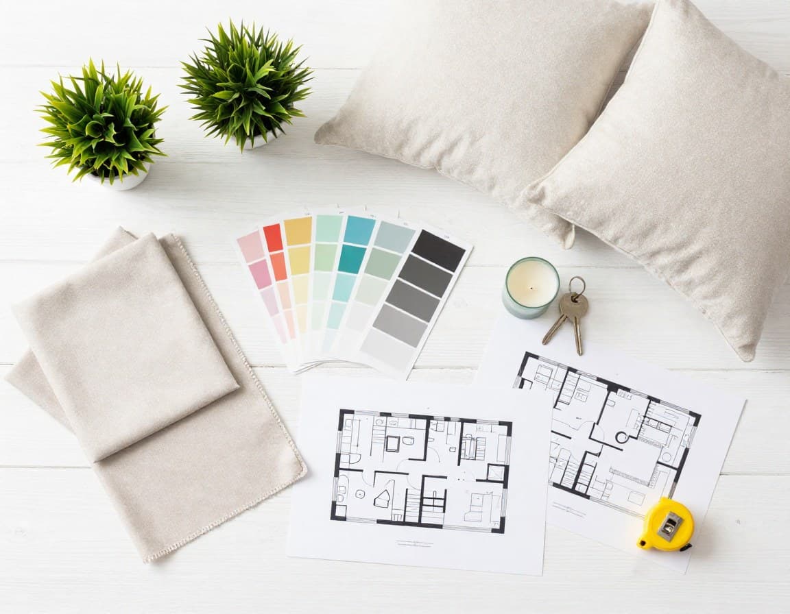 Home Staging Vorbereitung mit Farbkarten, Stoffen und Dekoration auf einem Tisch