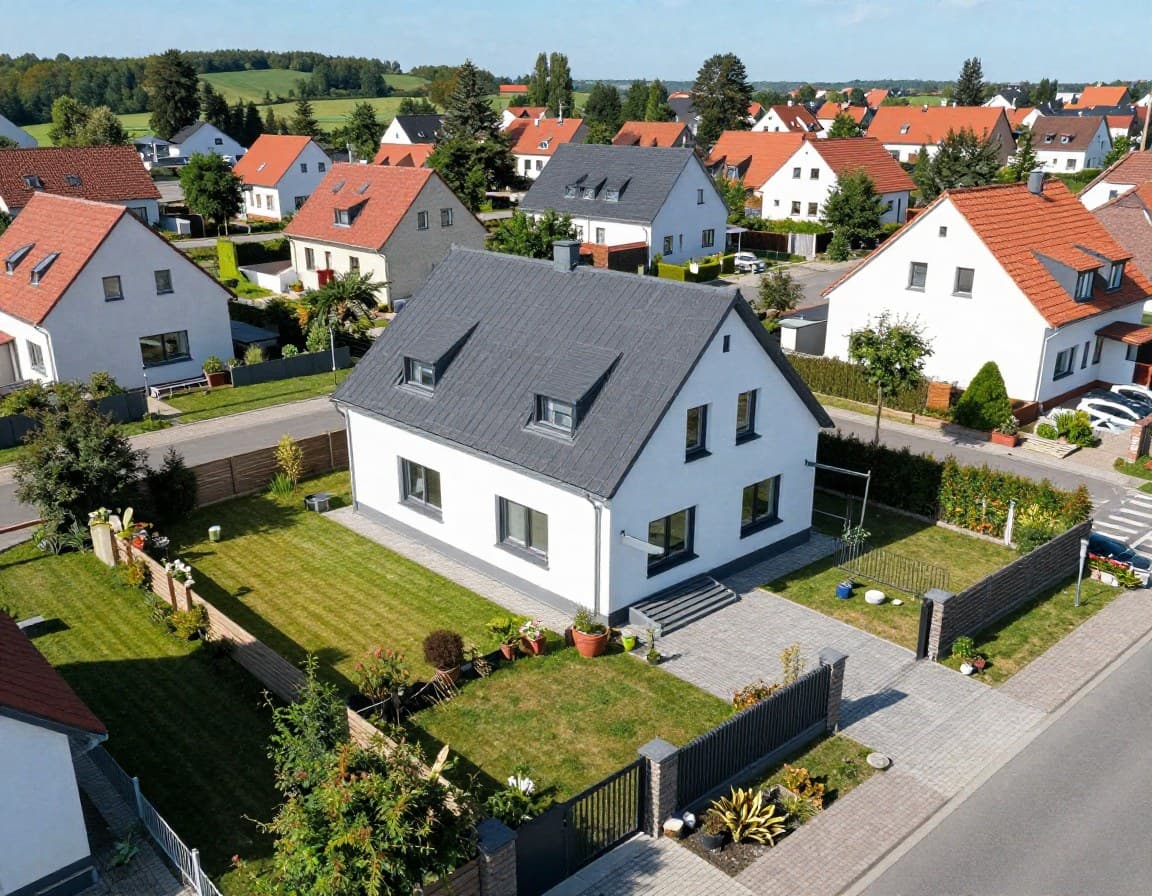 Drohnenaufnahme eines deutschen Einfamilienhauses von oben — Immobilienvideo mit Luftbild