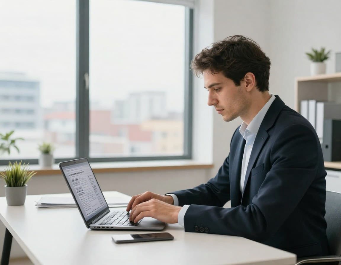 Immobilienmaklerin schreibt am Laptop einen Inseratstext mit KI-Unterstützung