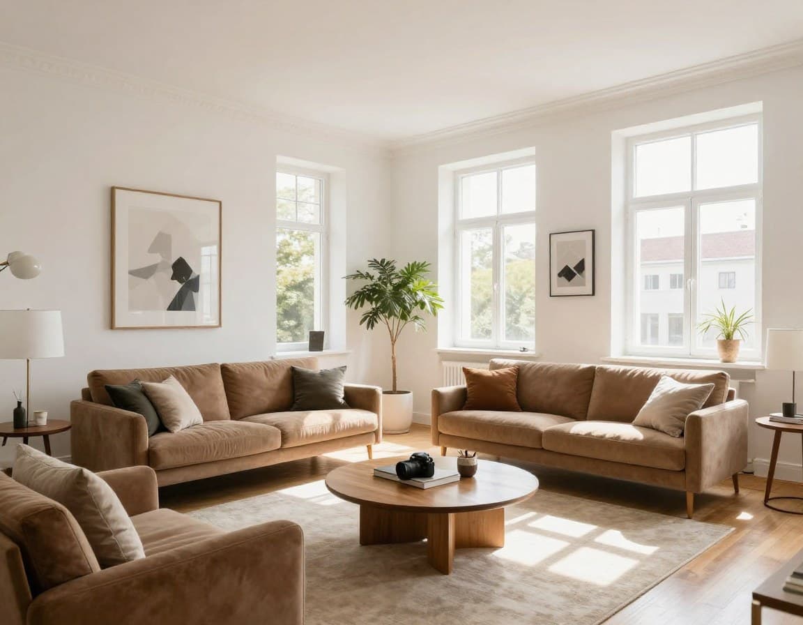 Professionelles Immobilienfoto eines hellen modernen Wohnzimmers für ein Exposé