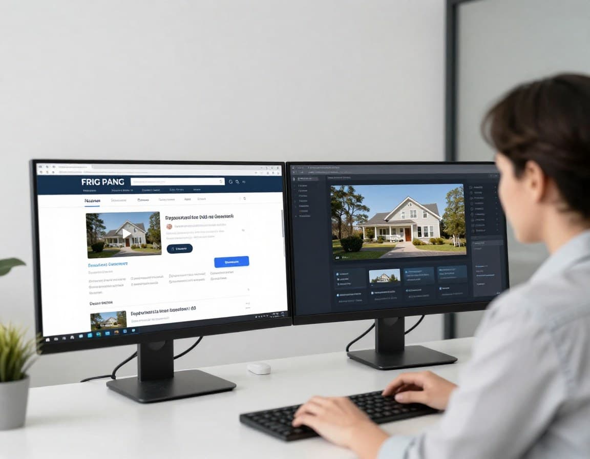 Makler erstellt KI-Immobilienvideo am Computer — modernes Dashboard zeigt Video-Marketing-Workflow