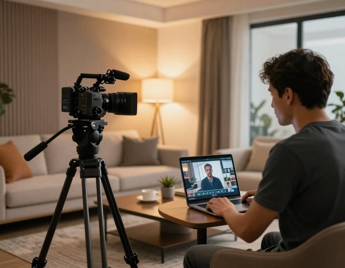 Professionelles Immobilien-Video-Marketing: Kamera filmt modernes Wohnzimmer für Listing-Video