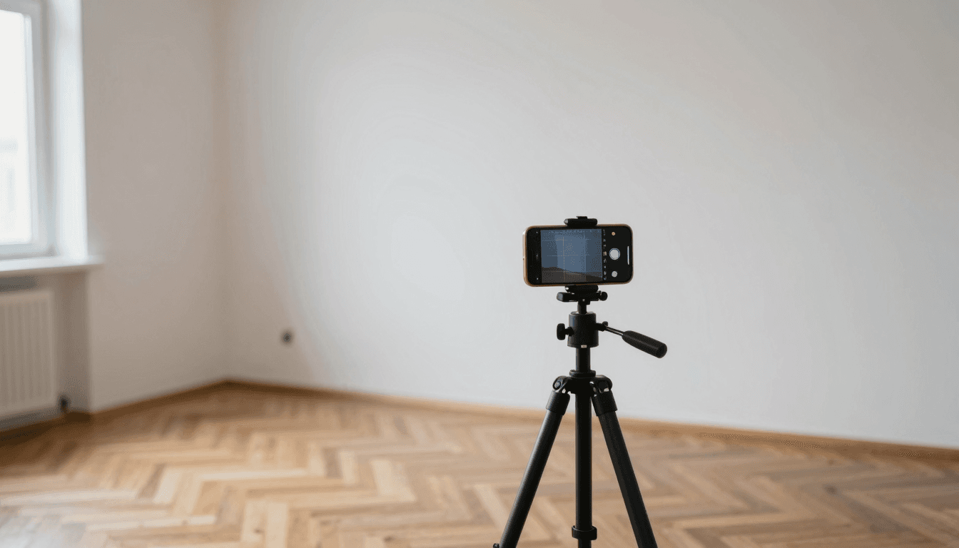 Smartphone auf Stativ in einer leeren Wohnung — DIY-Setup für Immobilienfotos ohne Profi-Fotograf