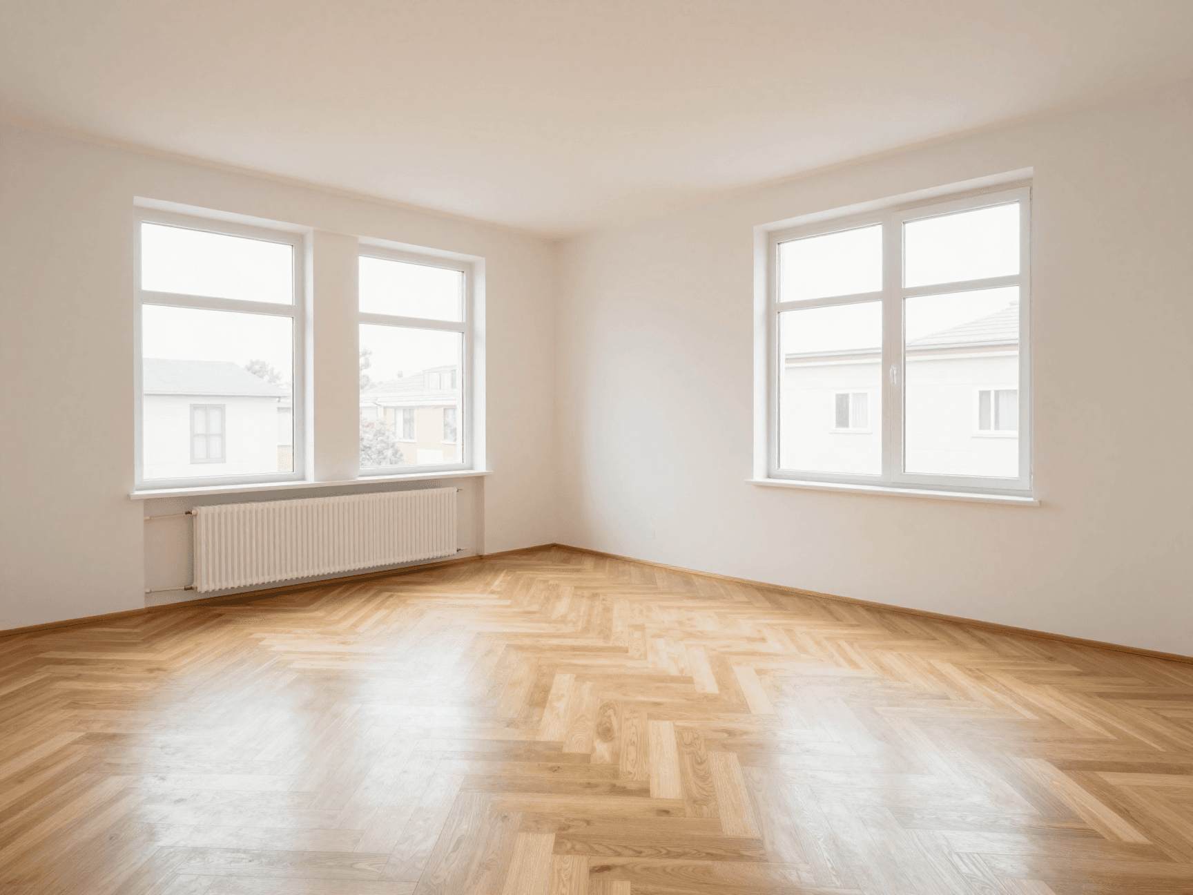 Dasselbe Wohnungsfoto nach KI-Enhancement — bessere Belichtung, gerade Linien, ausgewogene Farben