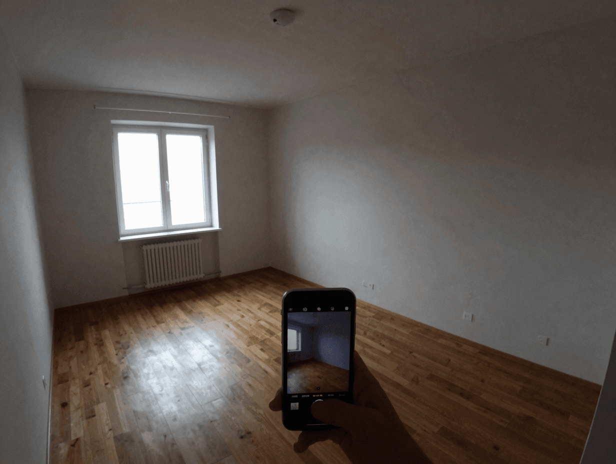 Amateur Smartphone-Foto einer leeren Wohnung — schlechte Perspektive, dunkle Innenseite, Gegenlicht