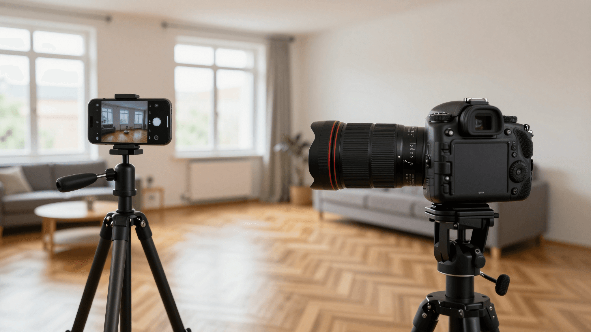 Smartphone auf Stativ neben professioneller DSLR-Kamera in einer hellen leeren Wohnung — Vergleich für Immobilienfotos