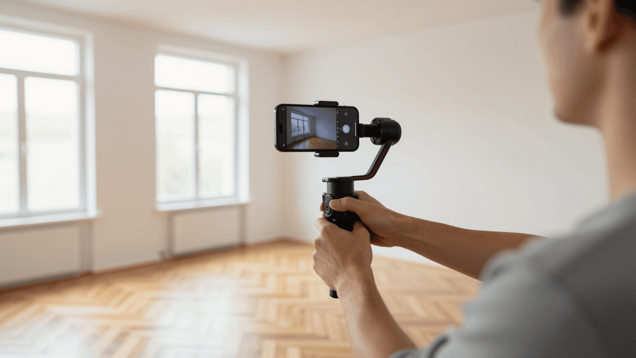 Content-Creator filmt Walkthrough einer Wohnung mit Smartphone und Gimbal