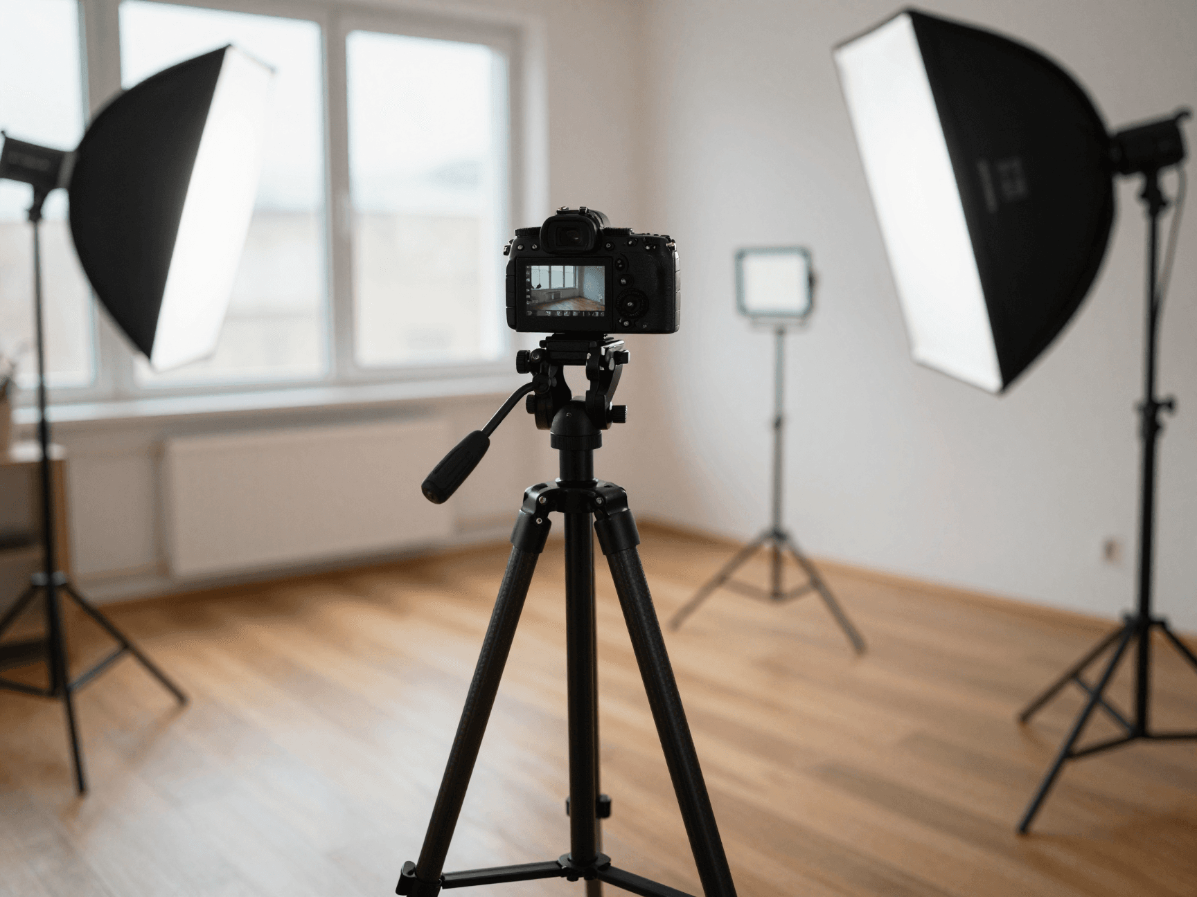 Profi-Setup mit Mirrorless-Kamera, Stativ und LED-Panel in einer leeren Wohnung