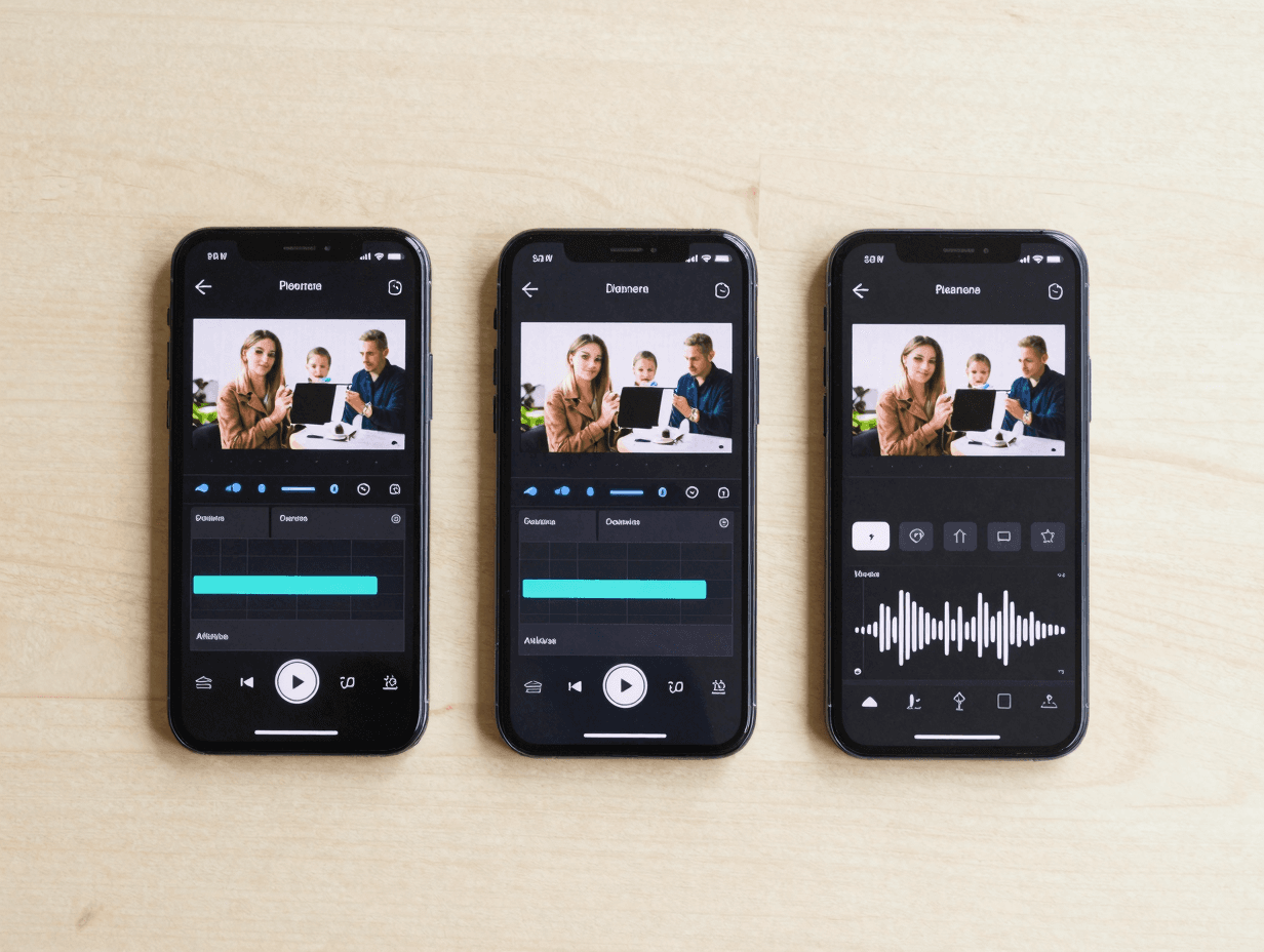 Drei Smartphones mit verschiedenen Video-Editing-Apps für Immobilien-Reels