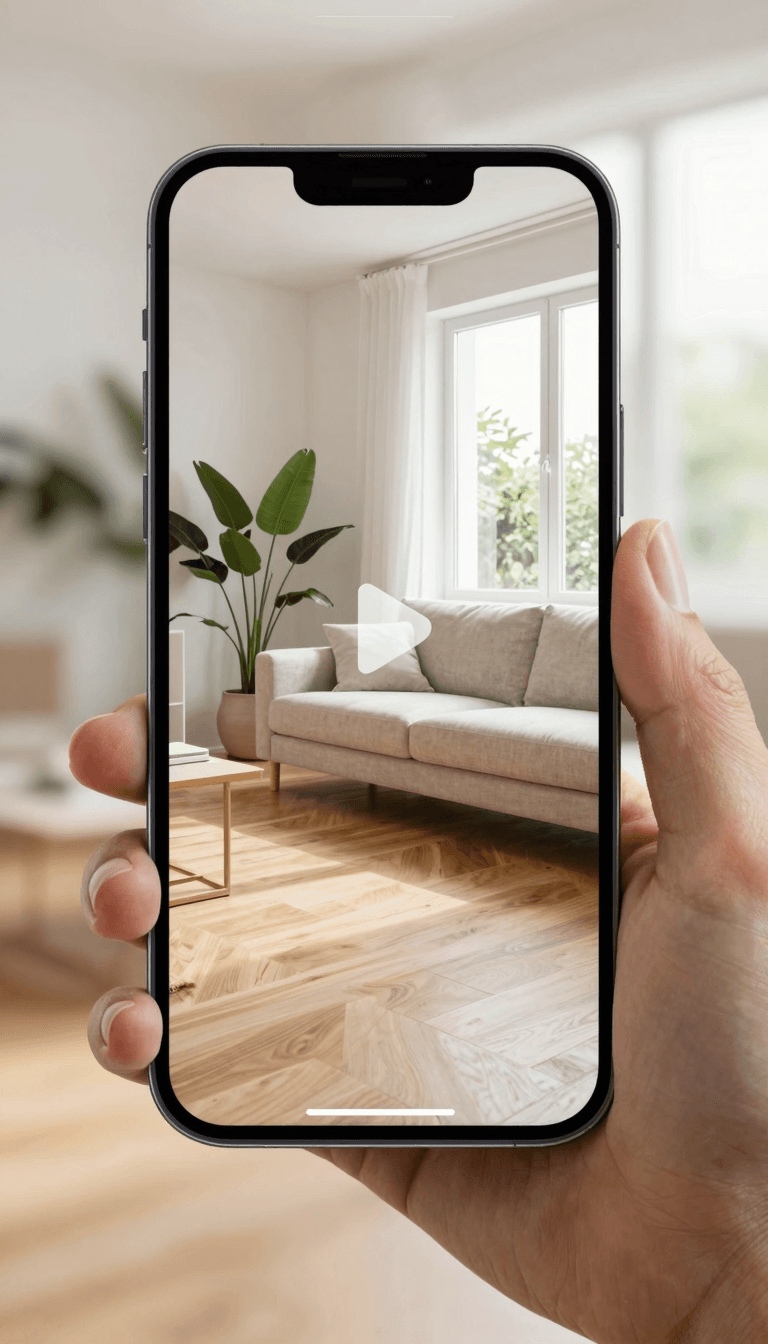 Vertikales Hochformat-Reel einer modernen Wohnung auf einem Smartphone-Display
