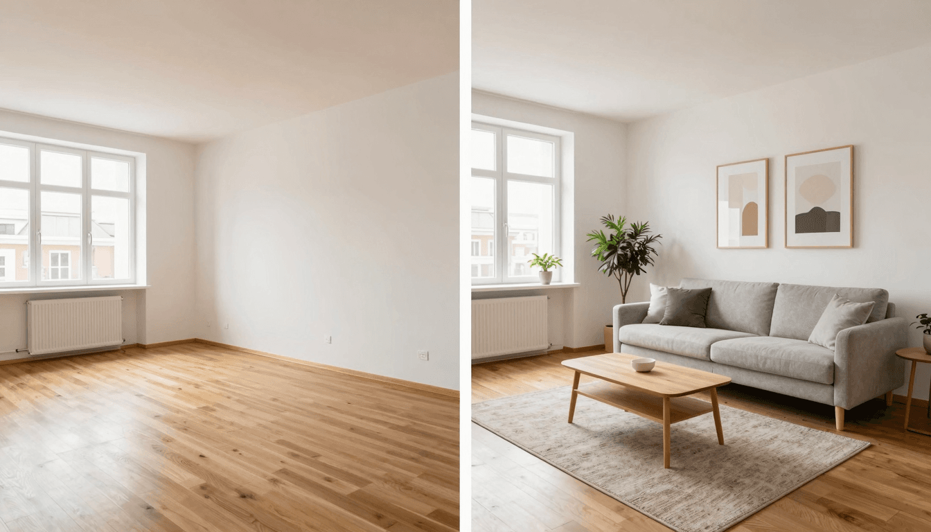 Split-Screen Vorher/Nachher-Video einer modernen Wohnung — links leer, rechts virtuell gestaged