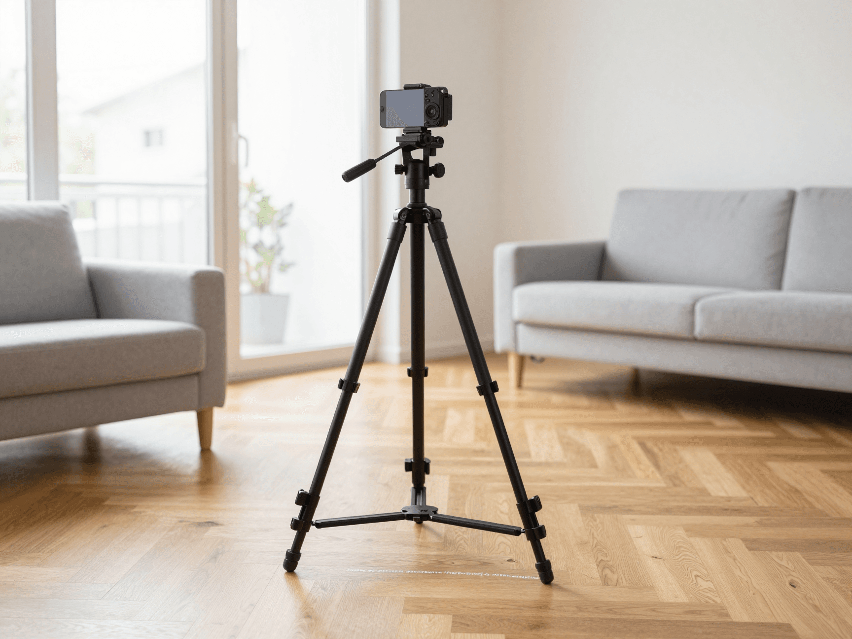 Stativposition mit Klebebandmarkierung auf dem Boden — identische Kameraposition für Vorher/Nachher-Aufnahmen