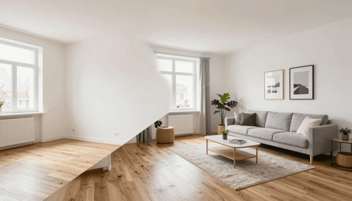 Wipe-Transition zwischen leerem und virtuell gestagetem Wohnzimmer — diagonale Übergangslinie