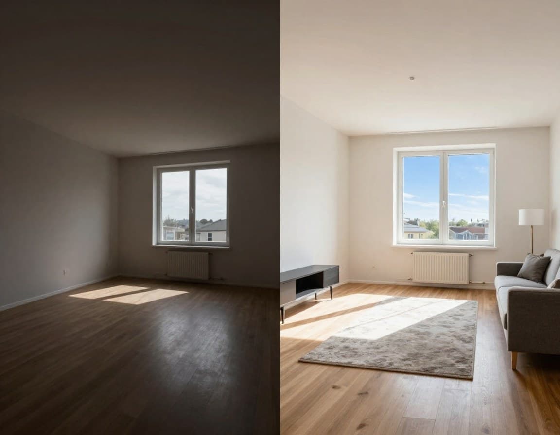 Immobilienfoto vorher-nachher: KI-Bildbearbeitung verbessert Belichtung und Farben