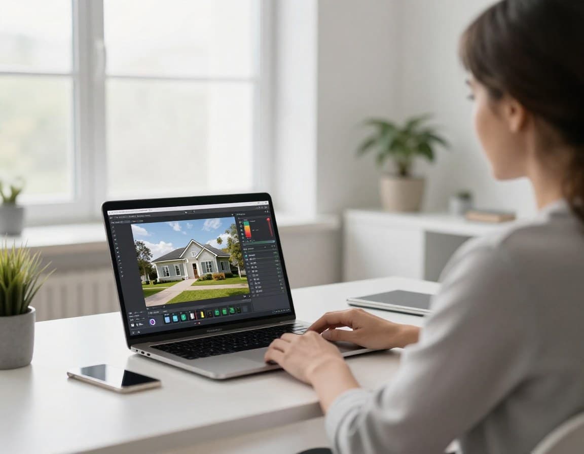 Makler bearbeitet Immobilienfotos am Laptop mit KI-Tool