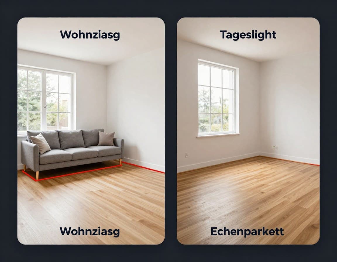 KI-Bilderkennung Dashboard analysiert Immobilienfoto: erkannte Merkmale wie Raumtyp, Bodenbelag und Lichtqualität werden farbig markiert