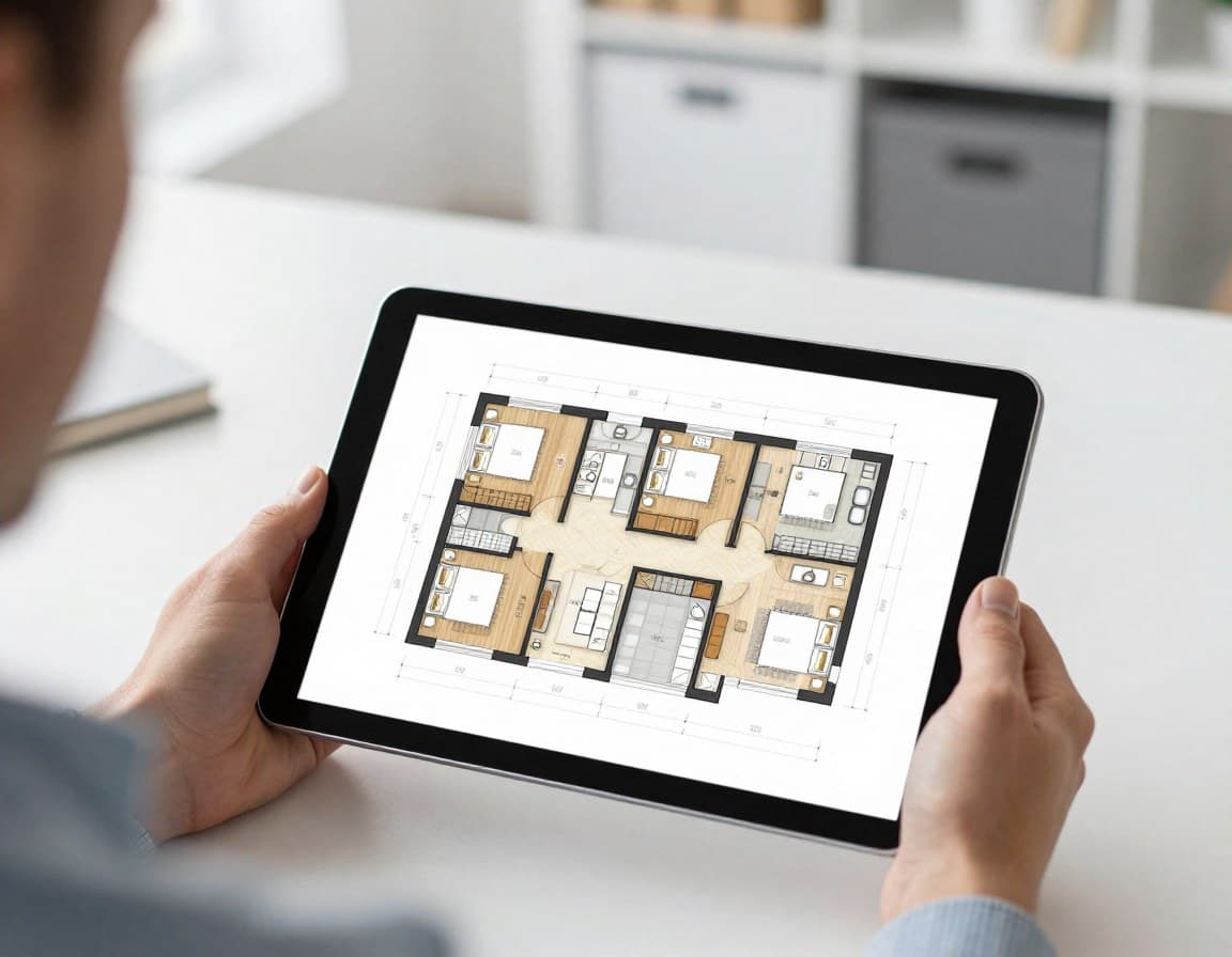 Makler zeigt professionellen KI-Grundriss auf einem Tablet