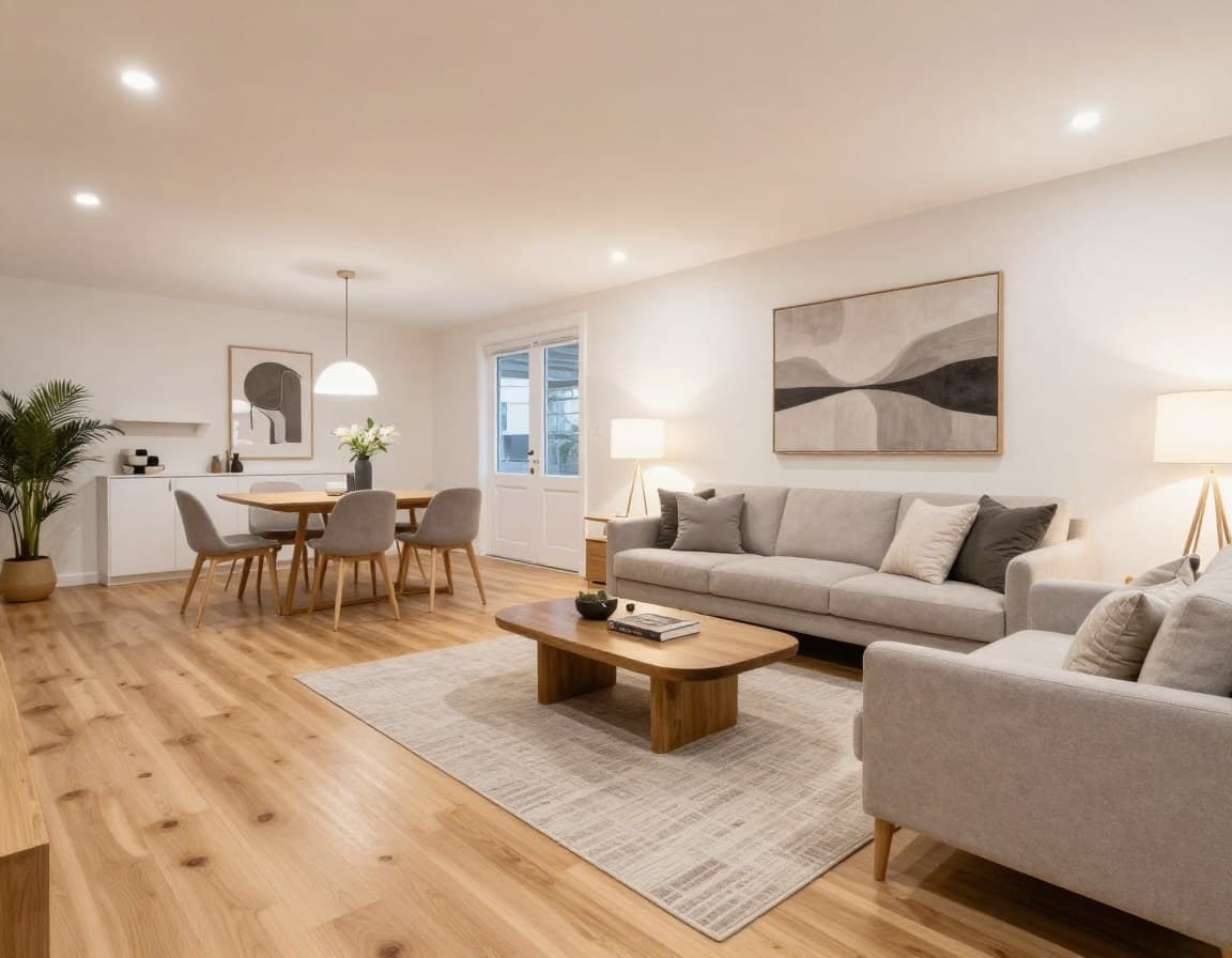 KI Home Staging Ergebnis: fotorealistisch möbliertes Wohnzimmer im skandinavischen Stil — bereit für das Inserat