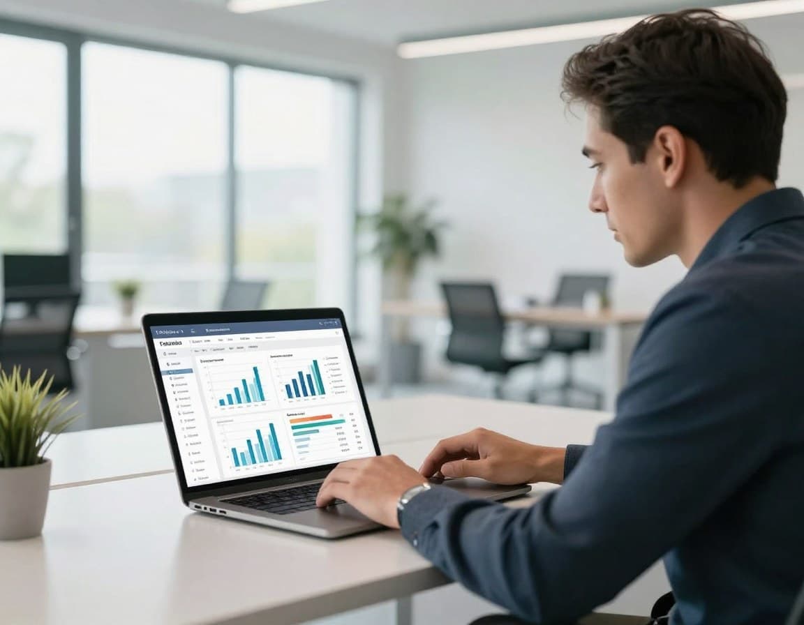 Makler analysiert KI-Immobilienbewertung auf dem Laptop mit Diagrammen und Marktdaten