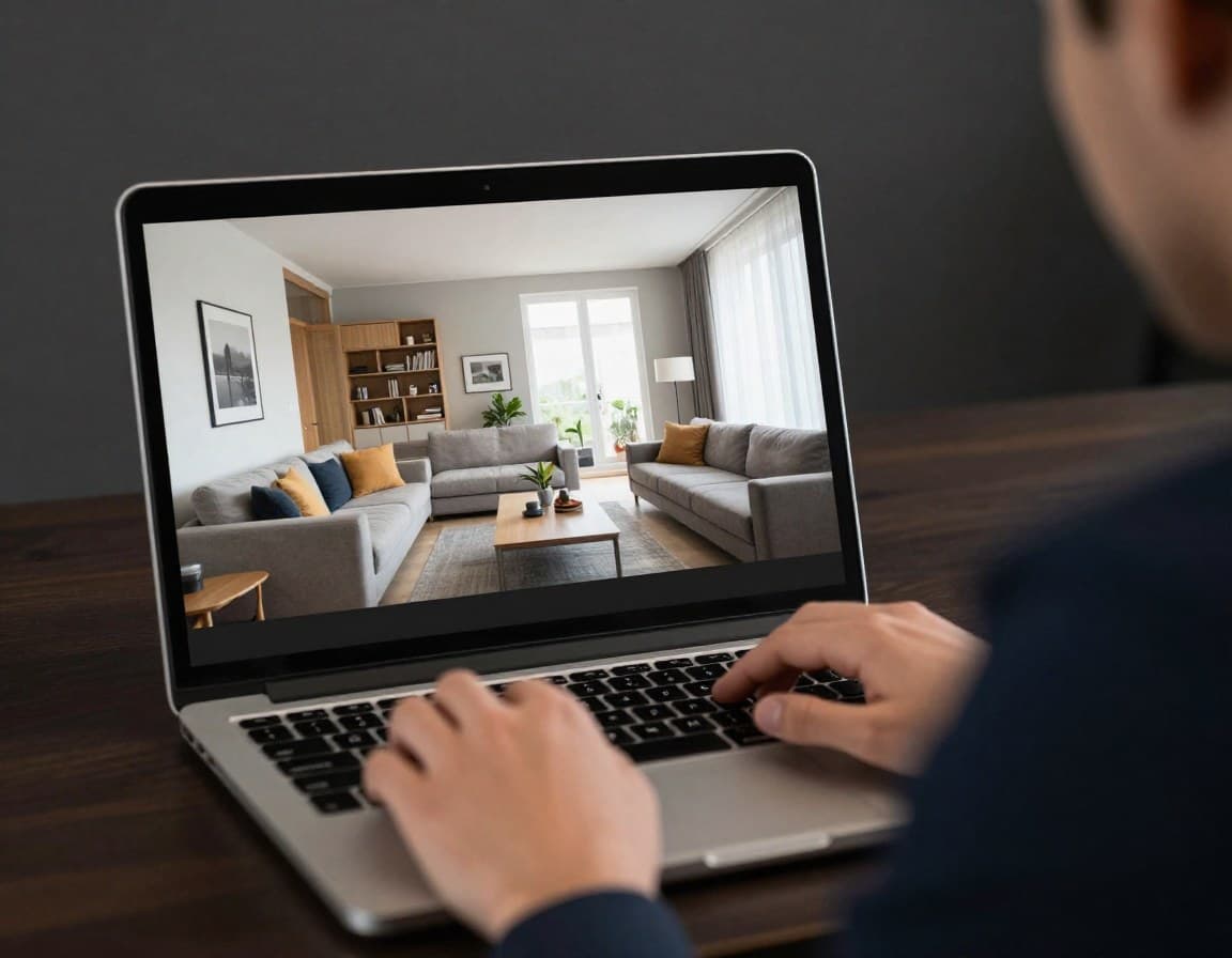 Immobilienmakler erstellt KI Videotour für Inserat auf Laptop