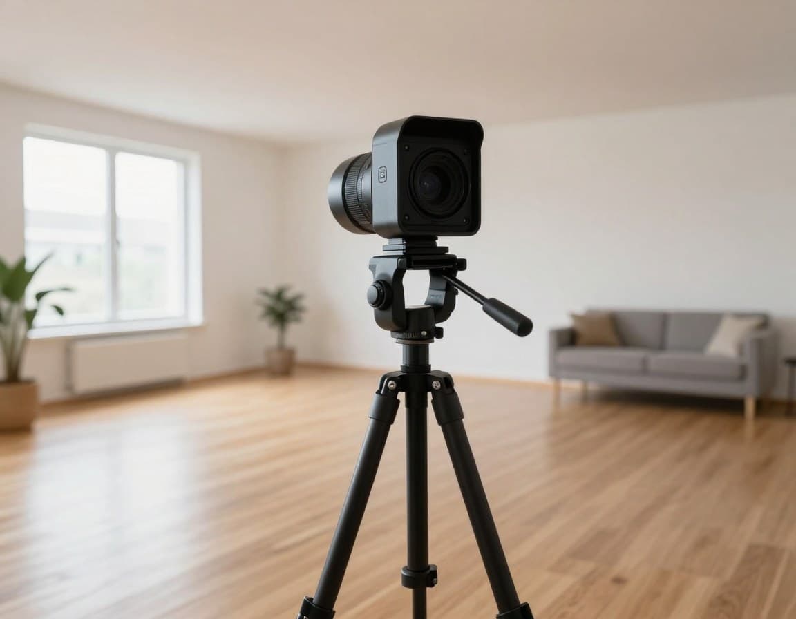 360-Grad-Kamera auf Stativ in einer leeren Wohnung für virtuelle Tour