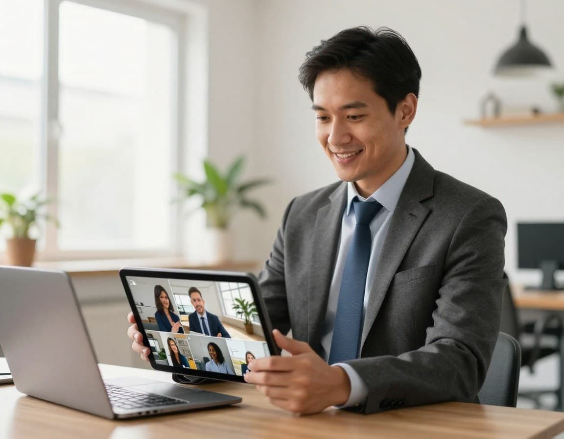 Immobilienmakler zeigt virtuelle Tour auf Tablet bei Kundentermin