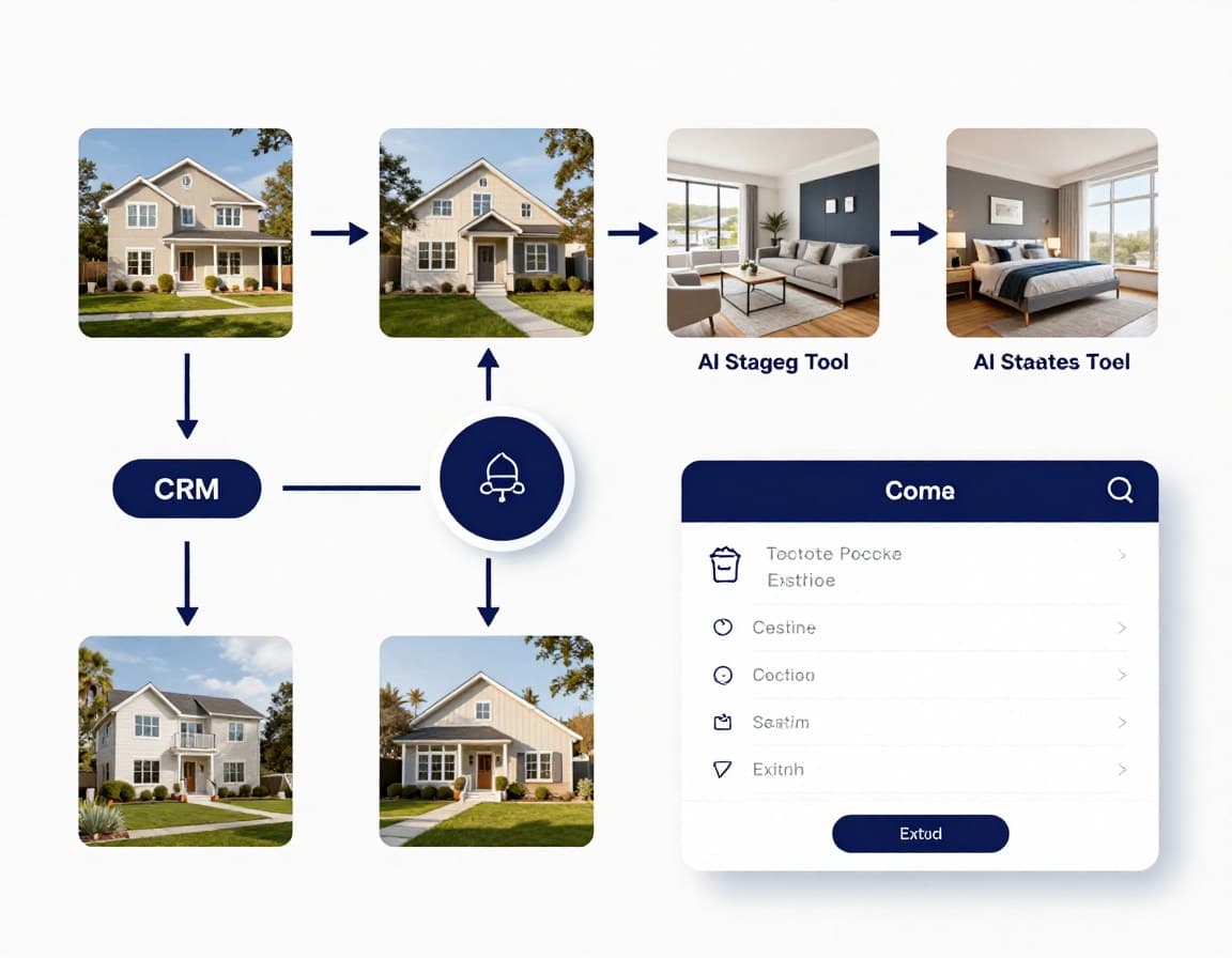 Workflow-Diagramm: Datenfluss von Immobilienfotos durch KI-Staging-Tool zurück ins CRM-System