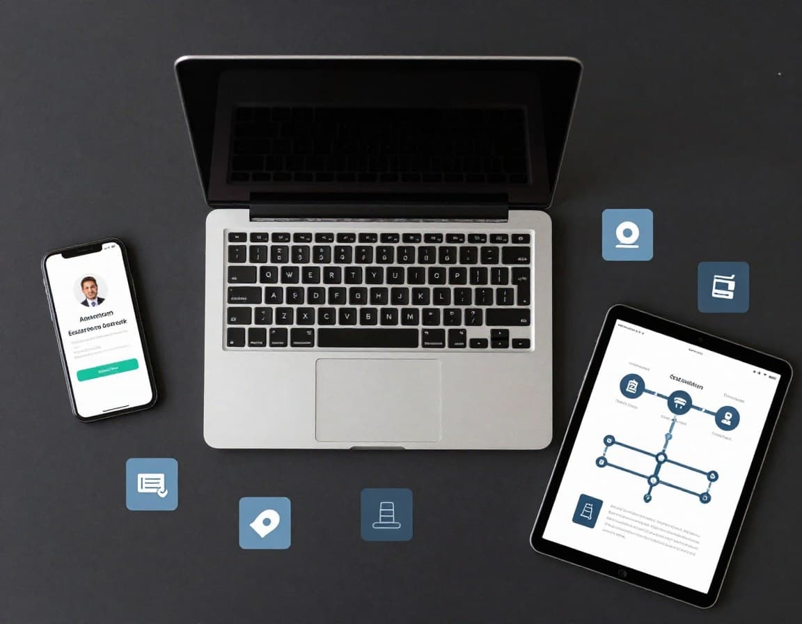 Automatisierter KI-Workflow für Immobilienmakler — vernetzte Apps auf Smartphone, Laptop und Tablet zeigen Pipeline von Lead bis Abschluss