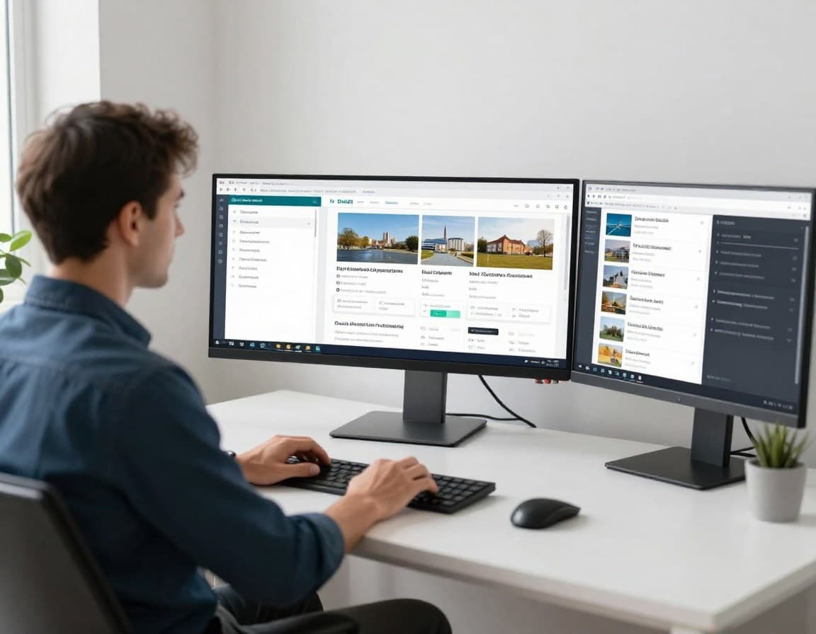 Immobilienmakler arbeitet mit digitalem Tool-Stack: CRM-Software, Kalender und Inserat-Management auf mehreren Bildschirmen