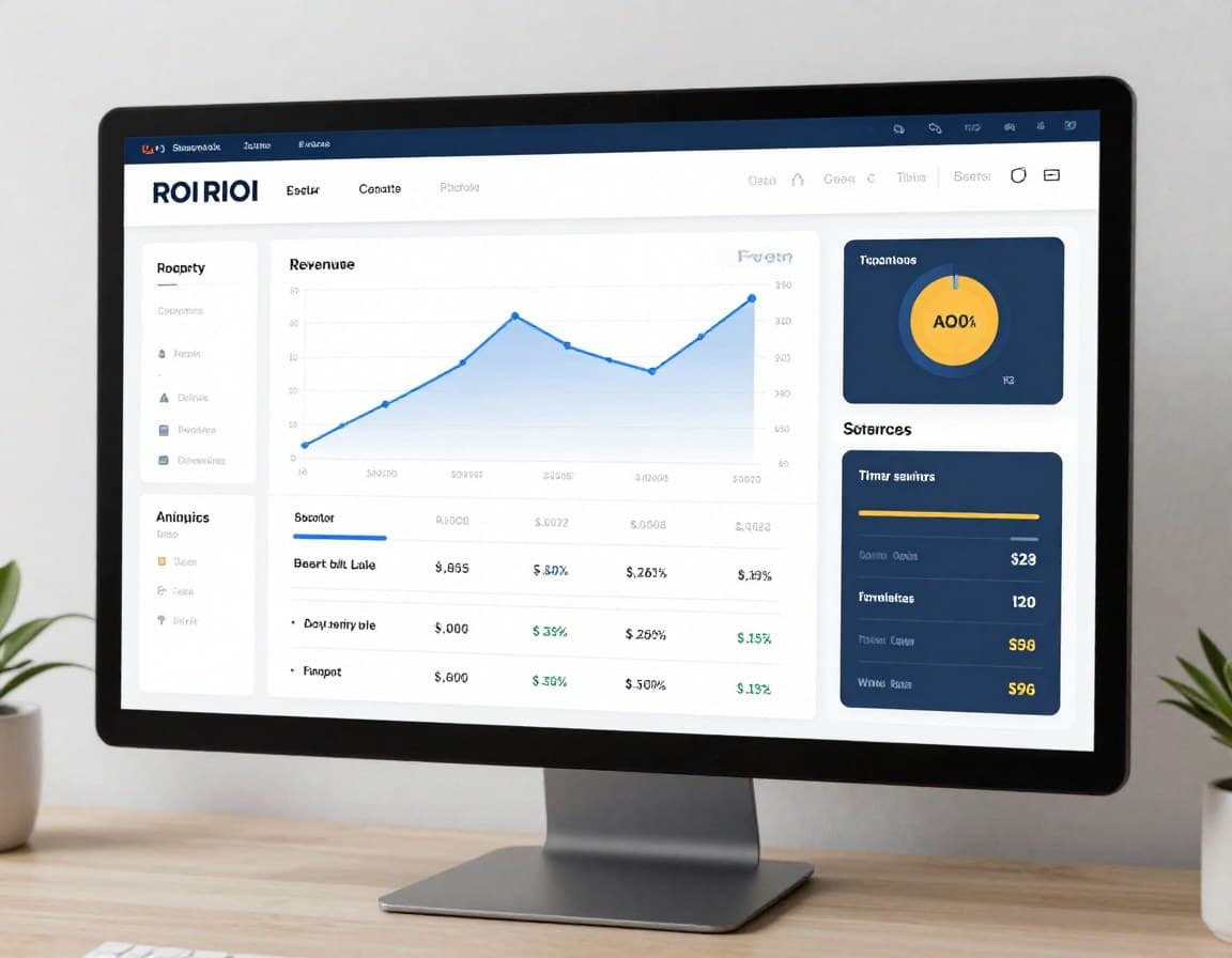 ROI-Dashboard für digitale Makler-Tools: Umsatzentwicklung, Objektanzahl und Effizienzmetriken auf Monitor